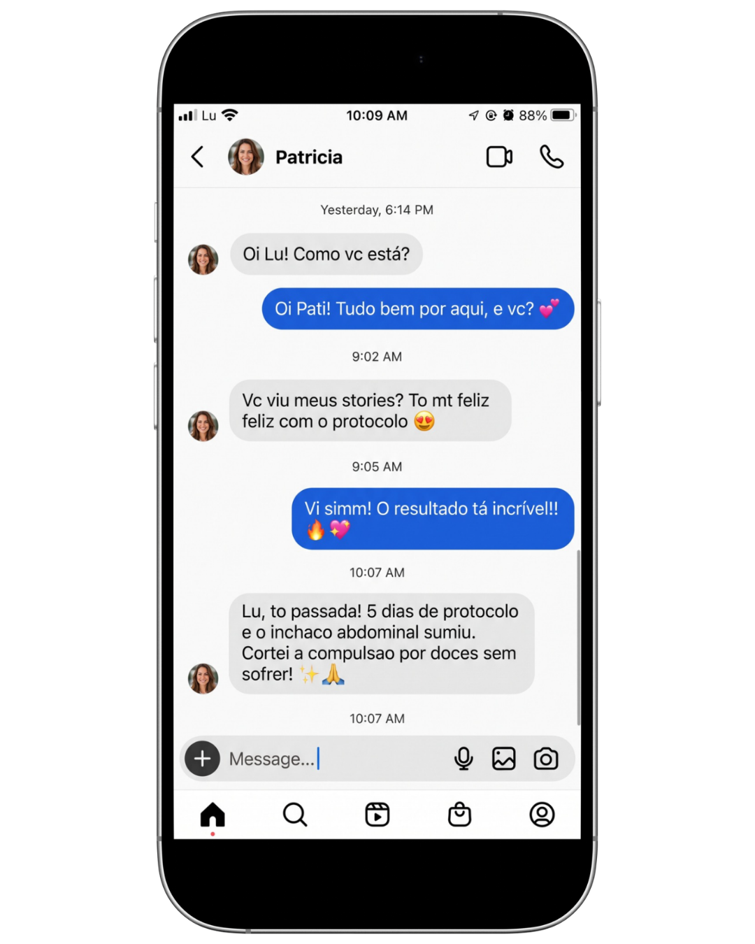Mensagem no Instagram de Patrícia sobre a experiência com o protocolo