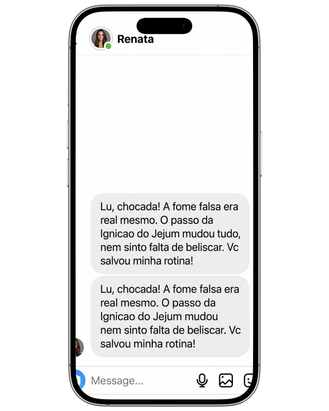 Mensagem de Renata sobre a experiência com o protocolo