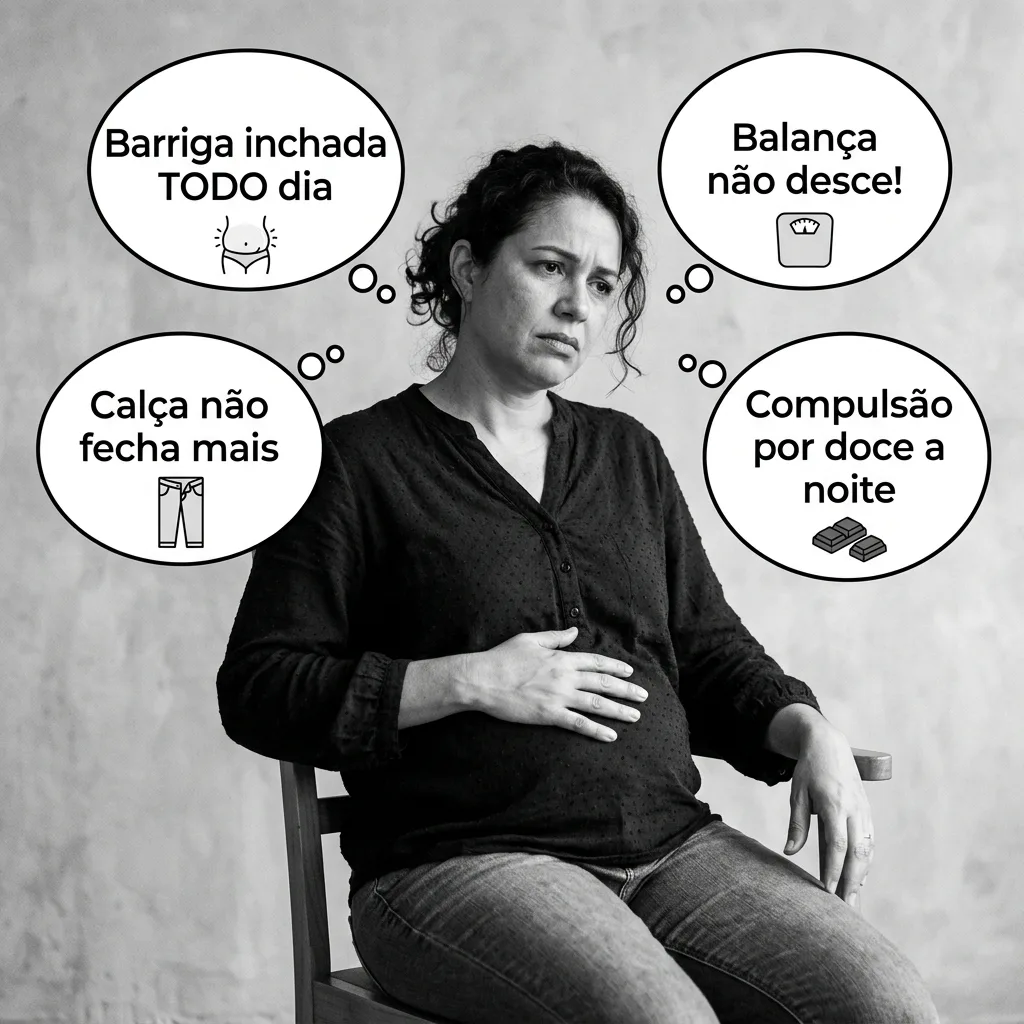 Mulher frustrada: barriga inchada, calca nao fecha, balanca nao desce, compulsao por doce